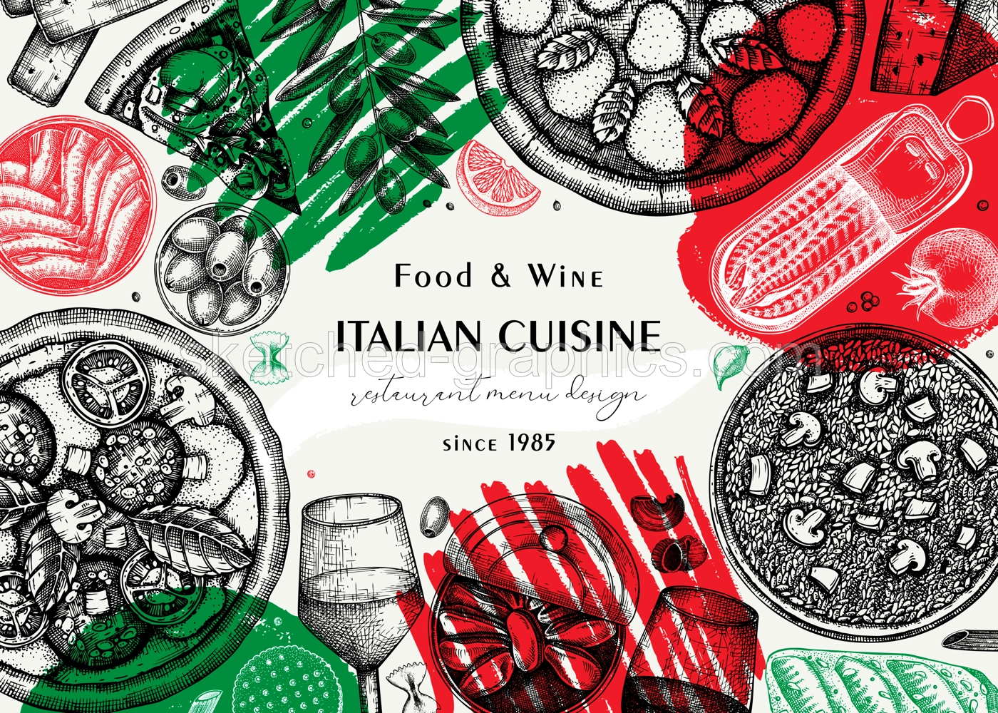Italian cuisine artistic background. Hand drawn pizza, pasta and risotto frame in collage style. Mediterranean food menu design template. Food ingredient sketches Illustration